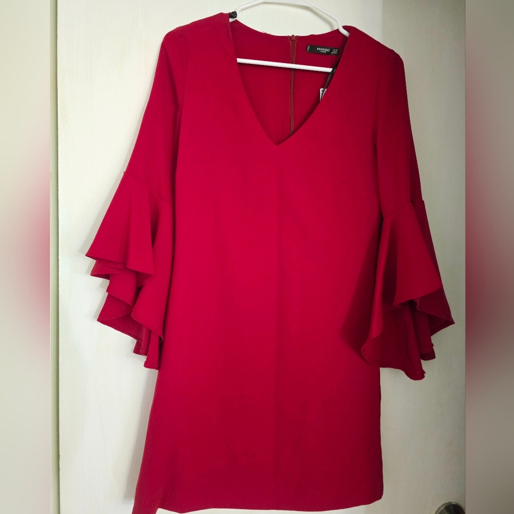 Mango Elegant Red Ruffle Sleeve Dress